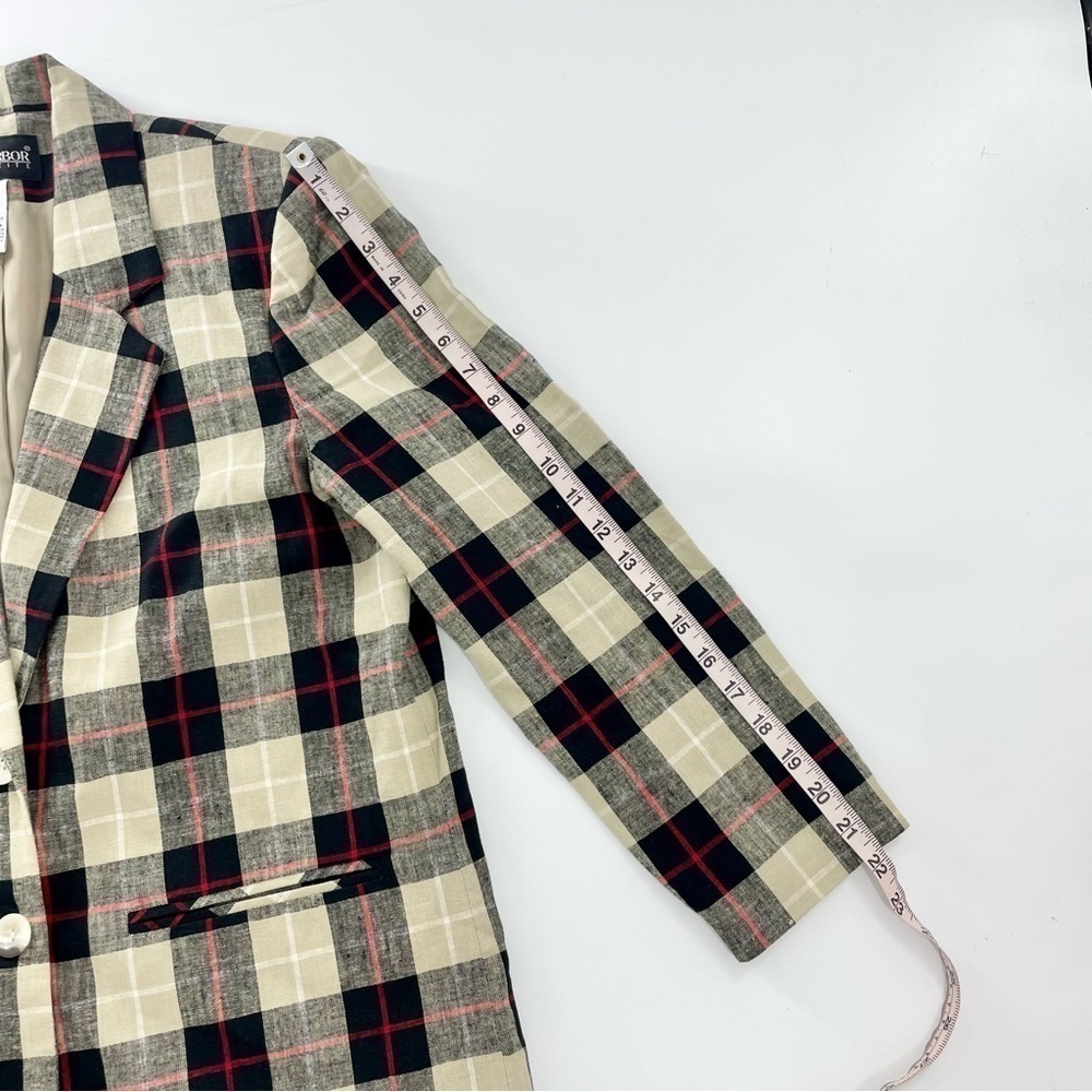 SAG HARBOR plaid‎ vintage Linen Neutral Check Plaid Retro Long Line Blazer 6P - Picture 10 of 11